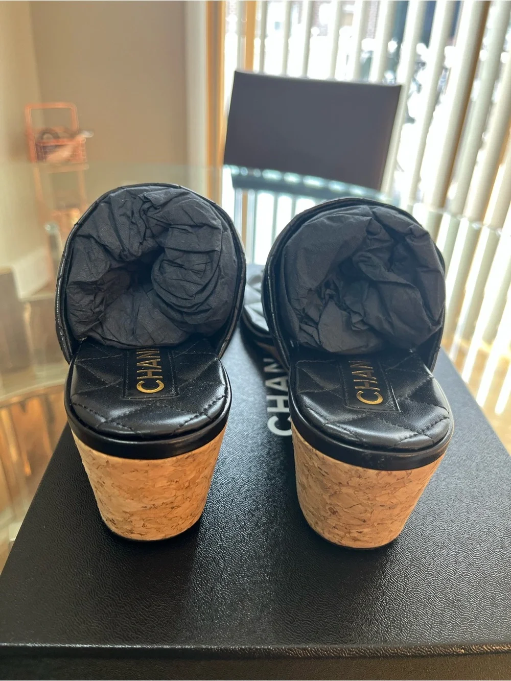 CHANEL Black Quilted Leather Thong Sandals with Gold Chain CC